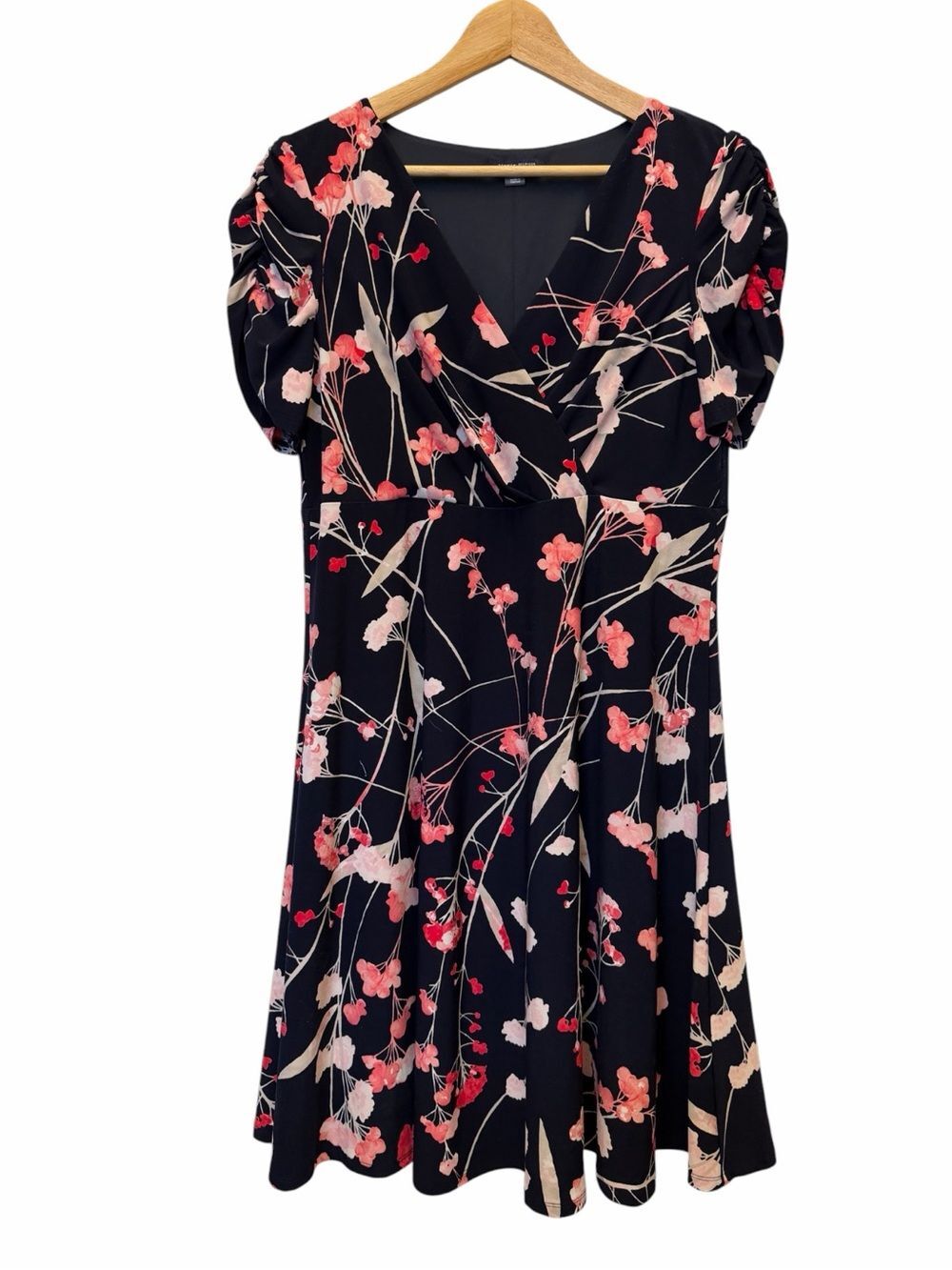 Tommy Hilfiger Womens Blue Floral Surplice Neck Ruched Sleeve Flare Dress Sz 12